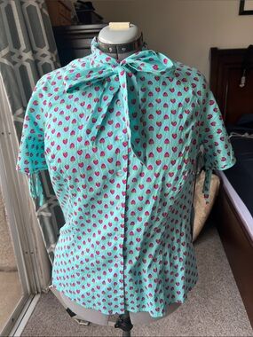 Unique Vintage Women's Aqua Bow-Neck Strawberry Print Blouse
